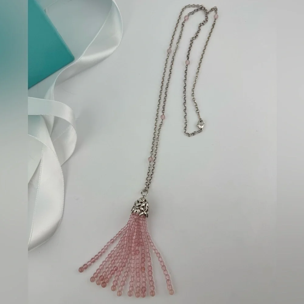 RARE Tiffany & Co. Olive Leaf Rose Quartz Tassel Necklace Sterling Silver 28